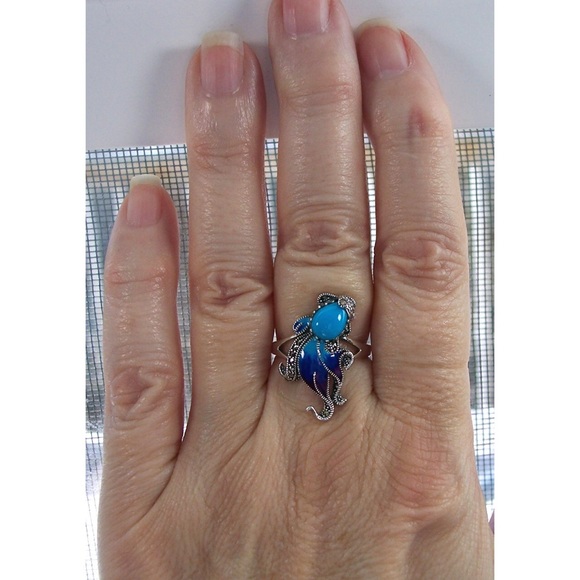 925 STERLING SILVER Simulated Turquoise Fish Ghost Marcasite Ring - Picture 2 of 16